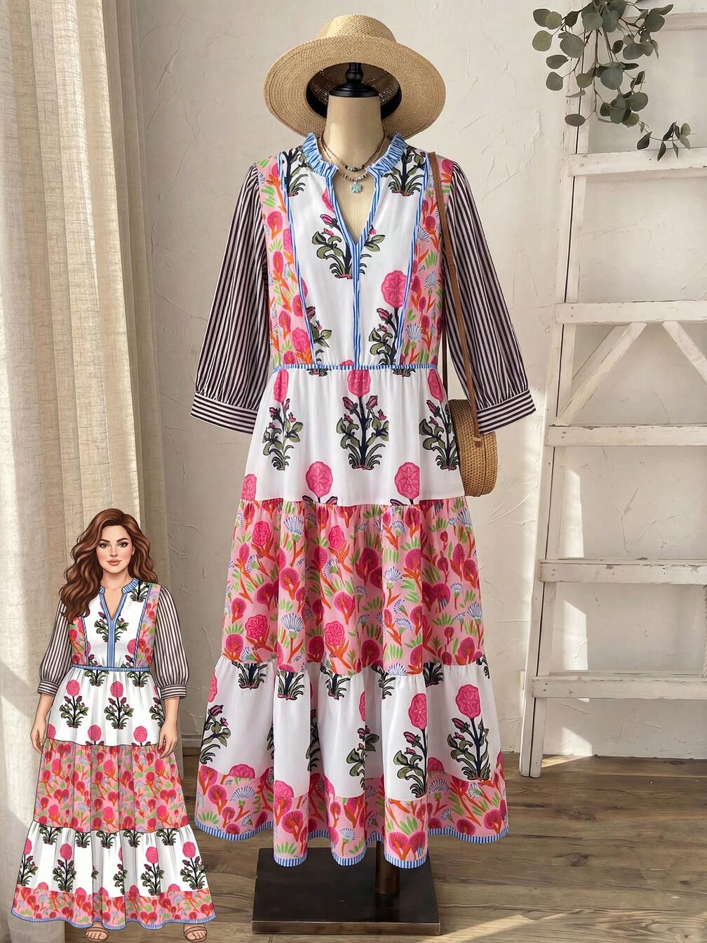 plus size vintage tea party dresses Floral Print Long Sleeve Dress Brunch Vacation White Autumn Boho 1950s 70's 80s Casual｜Emery Rose The dress is unlined Plus Size Tea Party Attire