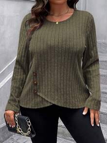 SHEIN LUNE Women's Olive Green Casual Autumn Commuting And Travel Outfits Plus Size Knit Top, Round Neck Side Button Irregular Hem Ribbed Long Sleeve Tee, - Army Green - View 6