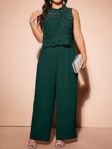 Cravure Elegant Lace Faux Leather Jumpsuit With Invisible Shoulder Straps, Plus Size 2 Pieces Set - Dark Green - View 5