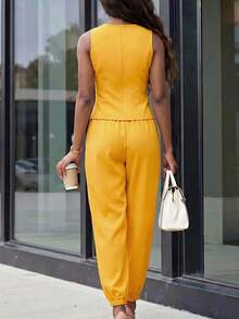 Lunelith SHEIN Lunessa Women's Solid Color V-Neck Single-Breasted Vest And Pants 2 Pieces Set Teachers' Day Brunch Mustard Yellow Summer Smart Casual - Yellow - View 2