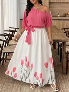 Weeklong Vestido asimétrico de hombro con estampado floral de retazos para tallas grandes de verano - Multicolor - Ver 4