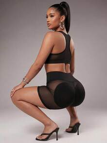 Radiana Mesh Patchwork Racerback Sports Bra + Tight Sports Mini Shorts Set  Y3k Seksi Chic For Daily Wear Yoga Yoga Studio Tennis Gym Indoor - Black - View 4