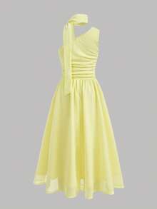 SHEIN Kids Tween Girl Fashion Optimized Woven Solid Yellow Color One Shoulder Dress Vacation Pale Yellow Summer Modest Yellow Dress - Yellow - View 3