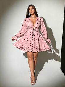 Viva Relle Plus Size Women's Polka Dot Print Deep V-Neck Long Sleeve Ruffle Dress - Pink - View 4