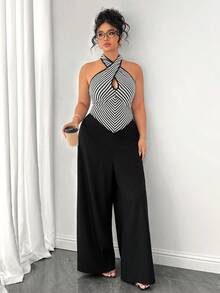SHEIN Clasi Plus Size Women's Brown Striped Patchwork Jumpsuit, Summer Elegant Halter Criss-Cross Wide Leg Jumpsuit, Office Lady Playsuit - Black - View 3