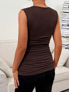 SHEIN Maternity Solid Color Square Neck Sleeveless Wide Strap Summer Slim Fit Ruched T-Shirt - Coffee Brown - View 2