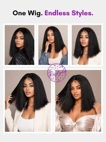 ALL READY WIG Kinky Straight 無膠 Bob 短髮假髮，可調節彈性抽繩人造髮蕾絲假髮，女用全就緒假髮，預漂白、預拔髮、預剪蕾絲融合 4x4 蕾絲封口無膠假髮，含前髮，100% 真人髮 - Natural Black - 查看 3