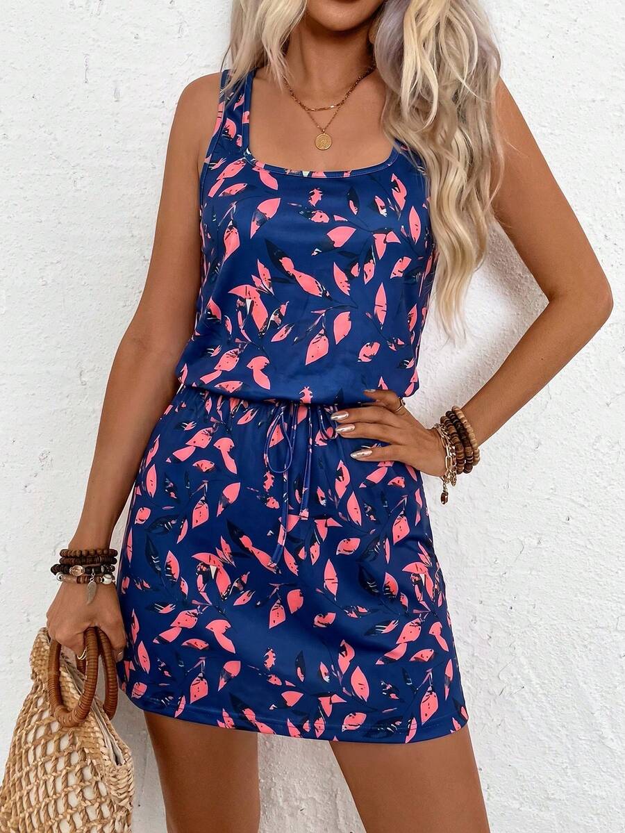 EMERY ROSE Summer Casual Leaf Printed Round Neck Sleeveless Drawstring Waist Dress Vacation Beach Outfits Women - Navy Blue - View 1