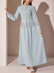 Solavon Women's Floral Embroidered Pattern Long Sleeve Top And Skirt Casual Daily Arabic Set - Green - View 5