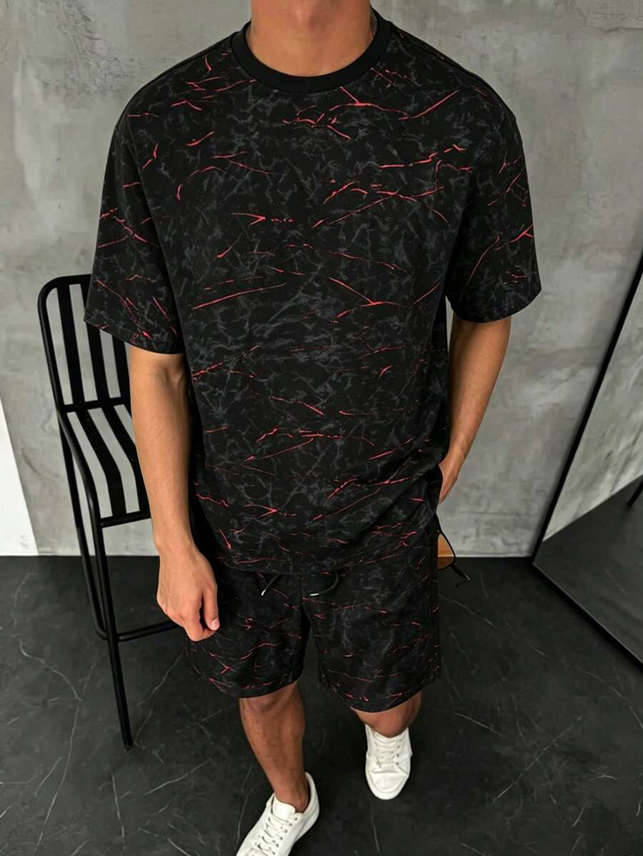 Manfinity Homme Men's Simple Print Round Neck Short Sleeve T-Shirt - Black - View 1
