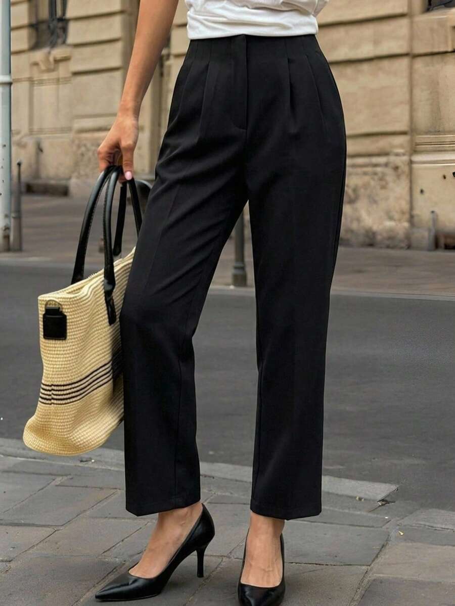 DAZY High Waist Plicated Detail Trousers - Black - View 1