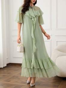 Yasmyna Damen einfarbiges Rüschen-Lässig-Elegantes-Party-Formal-Tanz-Arabisches-Kleid Salbeigrün Winter - Grün - Übersicht 4