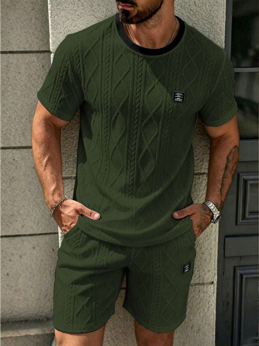 ARLO REED Set Kaos Lengan Pendek dan Celana Pendek Pria, Desain Kain Jacquard Rajut, Cocok untuk Pemakaian Sehari-hari dan Liburan. - Hijau Tentara - View 1