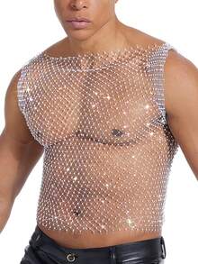 DSELFIQUE 男士性感透視修身銀色魚網背心 - 白色 - 查看 1