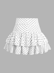 SHEIN Girlism 福袋：5件隨機發送1件 青少年女孩童裝 春/夏新款 白色針織休閒簡約波點印花修身百褶A字低腰迷你短裙，波點圖案短裙休閒時尚日常百搭 - 黑與白 - 查看 2