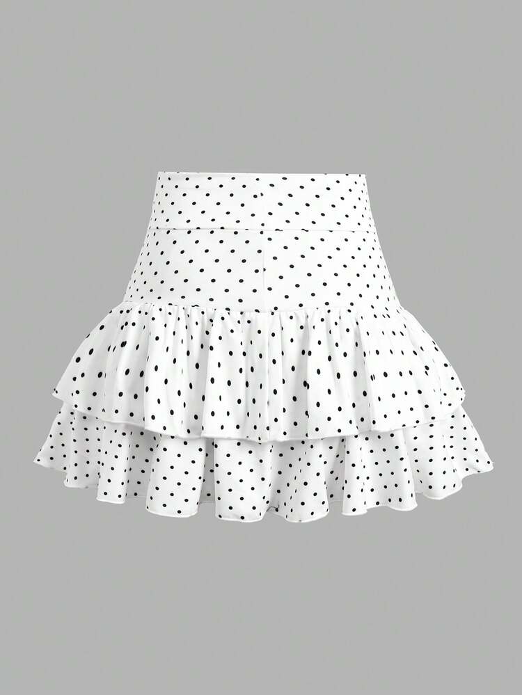 SHEIN Girlism Chân váy mini cạp thấp dáng chữ A ôm sát nhún bèo họa tiết chấm bi dệt kim màu trắng phong cách tối giản casual cho bé gái, xuân/hè mới, họa tiết chấm bi, chân váy mini chấm bi, chân váy chấm bi, casual, thời trang, đa năng mặc hàng ngày - Đen và trắng - Xem 2