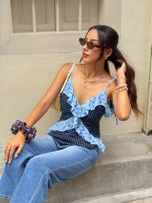 Serisse Women's Summer Navy Blue Polka Dot Ruffle V-Neck Casual Cute French Tropical Versatile Daily Vacation Outing Camisole Top For Date Night Tea Party - Multicolor - View 9