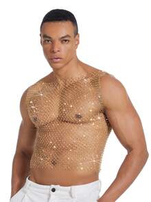 DSELFIQUE Men's Sexy Regular Fit Silver Fishnet Tank Top - Gold - View 6