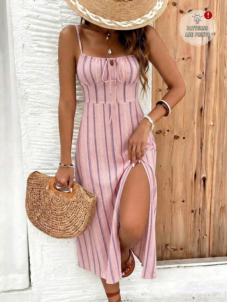 SHEIN Frenchy Đầm lửng phong cách tối giản thường ngày màu hồng, họa tiết sọc dọc hình học bất đối xứng, thích hợp cho kỳ nghỉ xuân/hè. - Nhiều màu - Xem 1