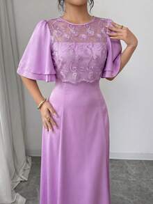 Modelyn Đầm dài nữ tinh tế thanh lịch thêu hoa phối lưới cho mùa xuân hè - Màu tím - Xem 2