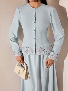 Solavon Women's Floral Embroidered Pattern Long Sleeve Top And Skirt Casual Daily Arabic Set - Green - View 9