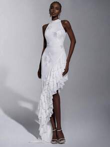 Elitara Vestido de Noche Formal Elegante Minimalista con Bordado de Cinta, Volantes Asimétricos y Hombros Descubiertos, Blanco, para Boda, Gala y Primavera - Blanco - Ver 3