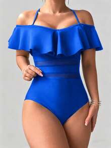 SHEIN Swim 女士纯色挂脖连体泳衣，适合海滩度假、泳池派对、沙滩派对 - 寶藍色 - 查看 3