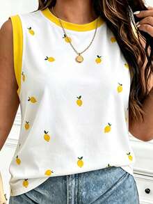 EMERY ROSE Women's Casual Plus Size Sleeveless Round Neck Lemon Pattern Wide Shoulder Vest - Multicolor - View 3