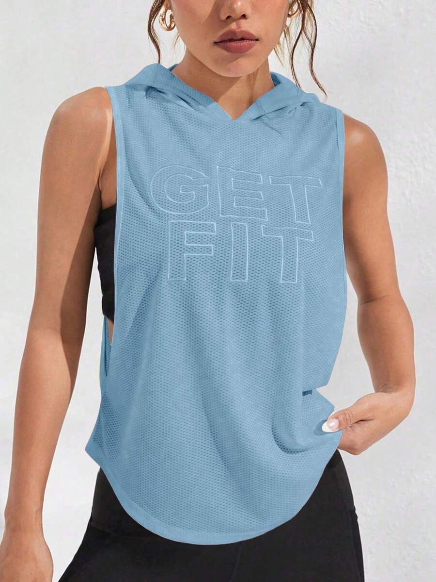 SHEIN Sports Women's Fashion Versatile Letter Print Double Side Cutout Hooded Sweatshirt - Blue - View 1
