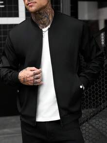 Manfinity CasualCool 男士纯色长袖拉链休闲棒球夹克 - 黑色 - 查看 4