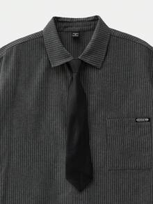 SWAVVY Men's Single-Breasted Preppy Style Short Sleeve Shirt - Dark Grey - View 3