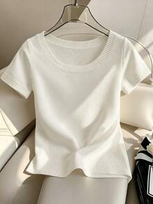 EMERY ROSE Plus-Size Women's Spring/Fall Casual Wear: Simple And Versatile Casual Style, Solid-Color Basic Top. Plus-Size Fitted Short-Sleeve Knit Top With A Large Round Neckline, Perfect For Spring And Fall - White - View 1