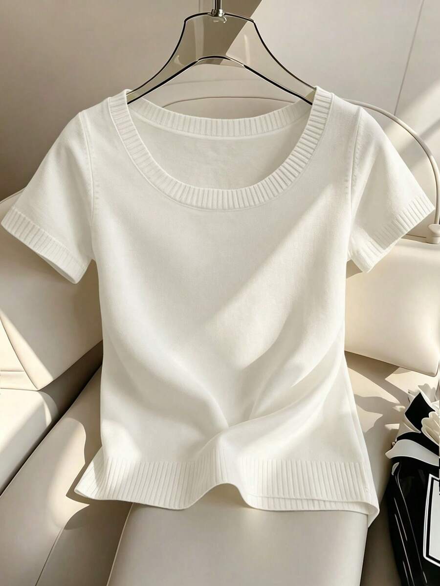 EMERY ROSE Plus-Size Women's Spring/Fall Casual Wear: Simple And Versatile Casual Style, Solid-Color Basic Top. Plus-Size Fitted Short-Sleeve Knit Top With A Large Round Neckline, Perfect For Spring And Fall - White - View 1