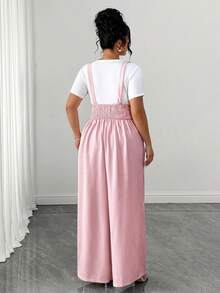 Elenzga Women's Plus Size Adjustable Pearl Buckle Decor Pocket Long Overalls Elegant Party Jumpsuit - Dusty Pink - View 2