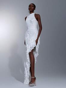 Elitara Vestido de Noche Formal Elegante Minimalista con Bordado de Cinta, Volantes Asimétricos y Hombros Descubiertos, Blanco, para Boda, Gala y Primavera - Blanco - Ver 6
