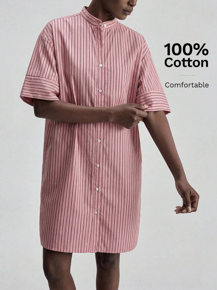 Women's Comfortable Pink Striped Short-Sleeved Shirt Dress All-Season Bohemian Style Vacation Outfits Seaside Women's Clothing Modern Urban Business