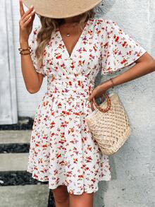 EMERY ROSE Gaun Wanita Elegan Motif Bunga, Potongan V-Neck, untuk Kencan dan Ulang Tahun, Cocok untuk Liburan dan Mempertegas Pinggang. - MultiWarna - View 6