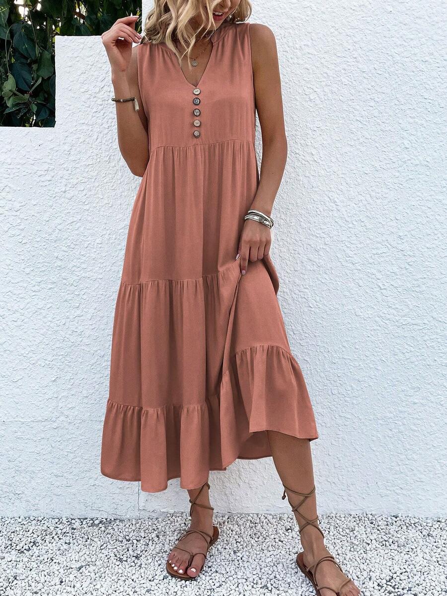 Breezaya Gaun Maxi Model Smock dengan Detail Kancing dan Hem Berlapis untuk Liburan di Pantai, Cocok untuk Wanita - Redwood - View 1