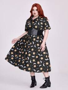 ROMWE Hippie Summer Dress Fairycore Vintage Mori Style Sun & Moon Star Print Short Sleeve Shirt Collar Plus Size Women Dress - Black - View 6