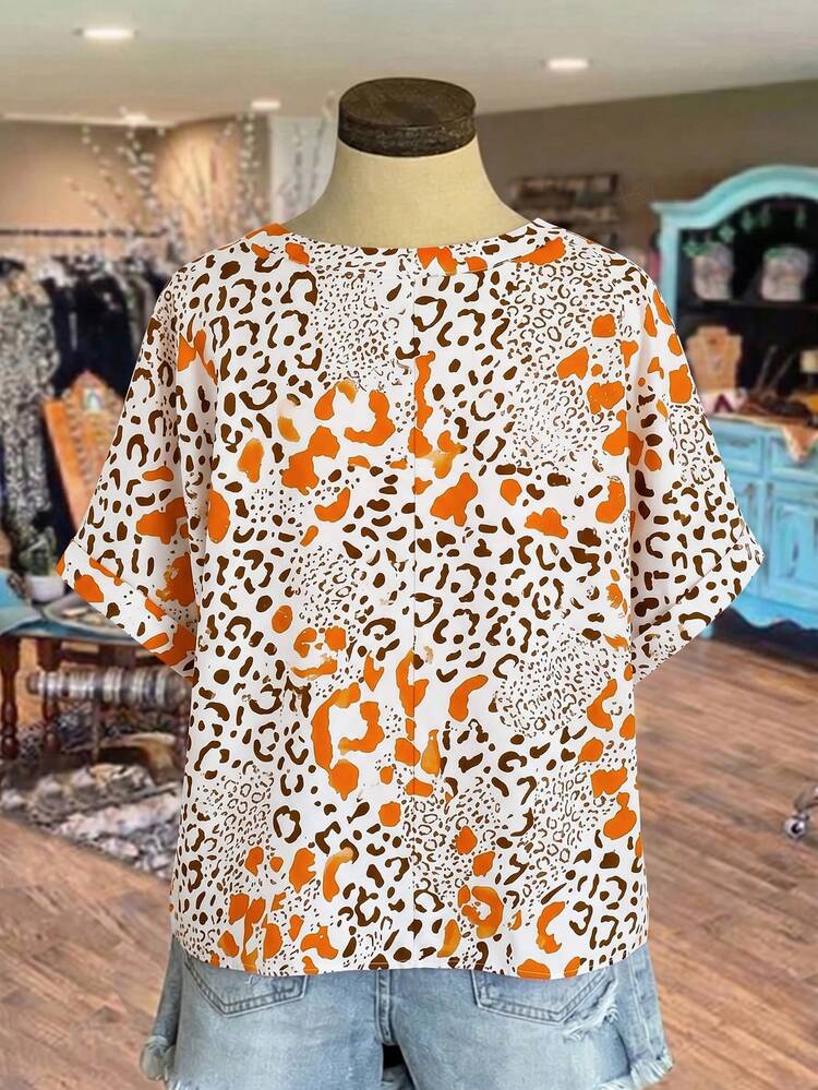 Plus Size Summer Vacation Leopard & Floral Print Notch Collar Shirt
