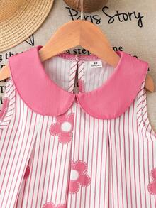 SHEIN Elladie kids Ensemble pour filles avec col rose, Top plissé à imprimé floral mignon à rayures roses et blanches avec nœud 3D et short plissé à jambes larges à la mode, convient pour le trajet quotidien décontracté, tenue mode simple et mignonne - Rose bonbon - Voir 7