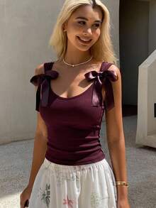 Joudiya Backless Bow-Tie Lace Up Short Sleeve Women's Slim Fit T-Shirt Going Out Tops Summer Halter Top - Burgundy - View 13
