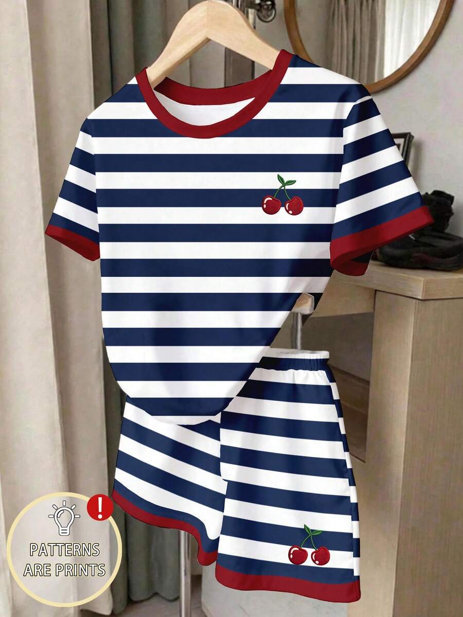 夏秋休閒時尚青少年女孩復古彩色條紋櫻桃圖案印花圓領短袖休閒T恤 - 白色 - 查看 1