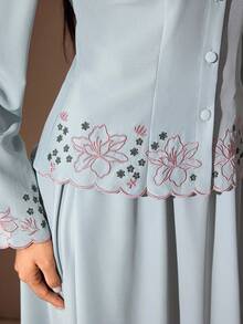 Solavon Women's Floral Embroidered Pattern Long Sleeve Top And Skirt Casual Daily Arabic Set - Green - View 7