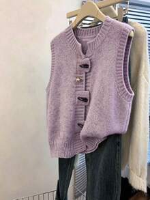 EMERY ROSE Plus-Size Women's Spring/Fall Casual Style: Simple, Versatile, And Feminine. Light Purple, Soft And Plush Textured Knit. Horn Button, V-Neck, Loose-Fitting Plus-Size Knit Vest. Perfect For Spring And Fall. - Purple - View 1