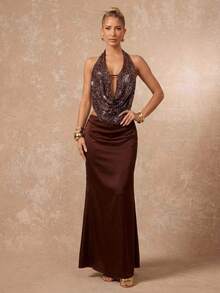 Lumalex Bộ đồ 2 mảnh mùa Xuân/Hè thanh lịch gồm áo quây hở lưng màu nâu đính sequin và chân váy đuôi cá ôm sát bằng satin, thích hợp cho kỳ nghỉ biển, du thuyền, lễ hội âm nhạc, đám cưới, tiệc tùng và trang phục thời trang hàng ngày. - màu nâu - Xem 7