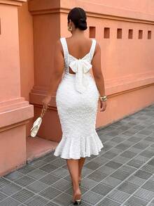 Weeklong Women's Plus Size Spring/Summer Elegant Vacation Round Neck Fitted Mermaid Hem Ruffle Textured Knit Stretch Fabric Back Bow Dress - Apricot - View 4