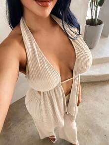 SHEIN SXY Women's Beach Vacation Club Vacation Vacation Textured Sexy Tropical Tropical Pleated Halter Neck Tank Top And Loose Long Pants Set Beige Summer - Apricot - View 3