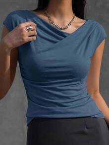 DAZY Ladies Solid Color Pleated Slim Fit Short Sleeve T-Shirt For Spring/Summer - Teal Blue - View 15