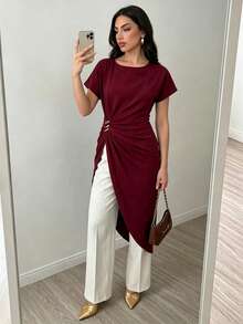 Elenzga 時尚優雅不對稱風格春夏季度假短袖女款T恤 - 酒紅色 - 查看 3